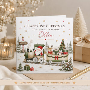 Personalised grandson first Christmas card with Santa Christmas train and name