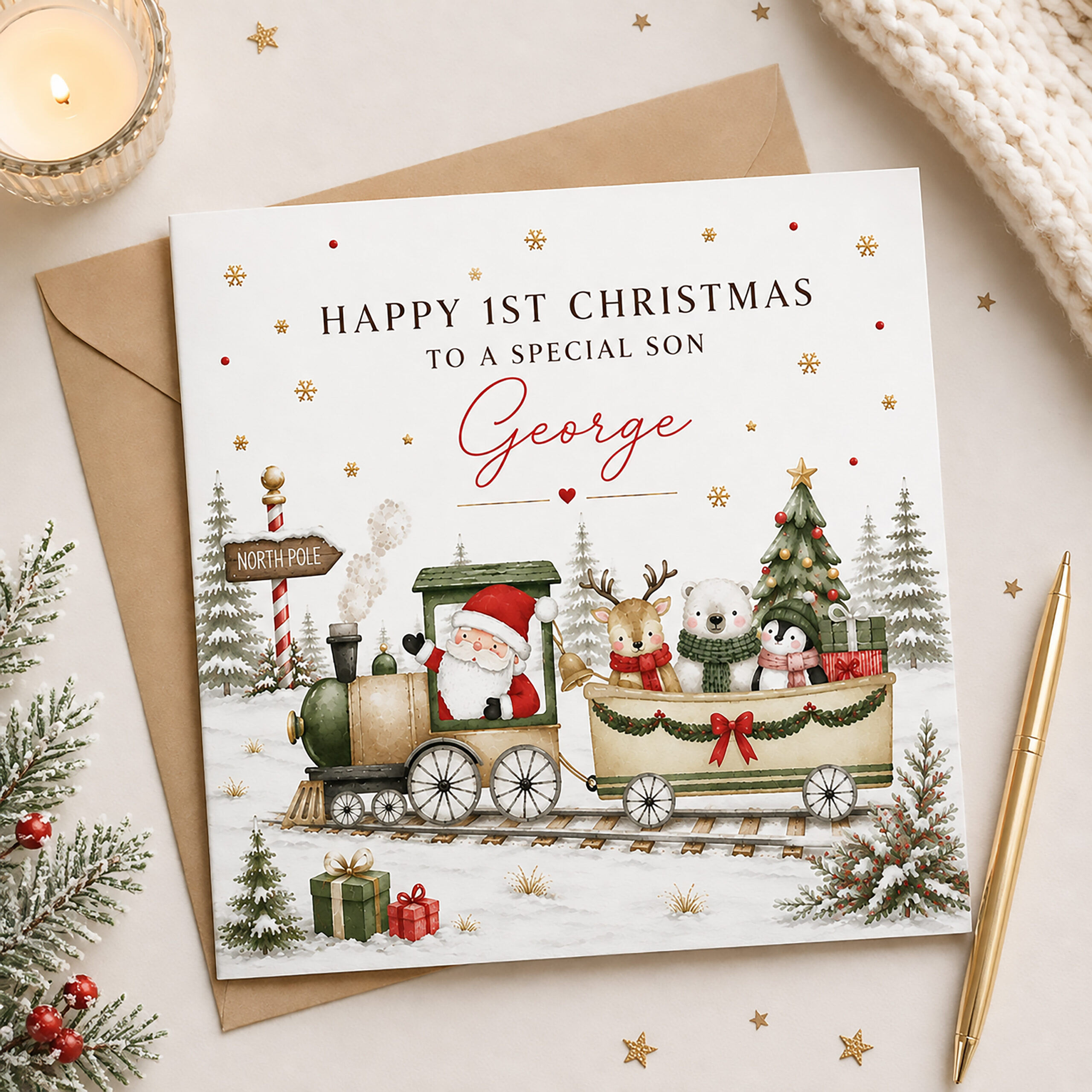 Personalised Grandson 1st Christmas Santa Train Card