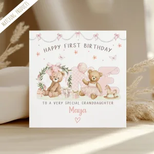 Girls Personalised 1st Birthday Teddy Bear Card