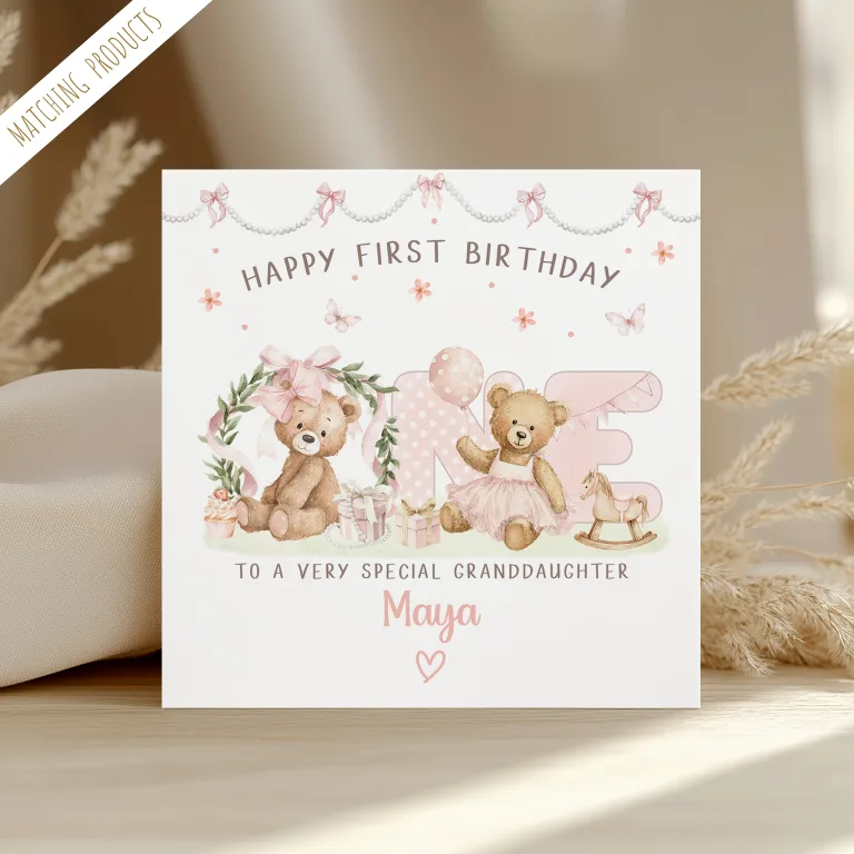 Girls Personalised 1st Birthday Teddy Bear Card