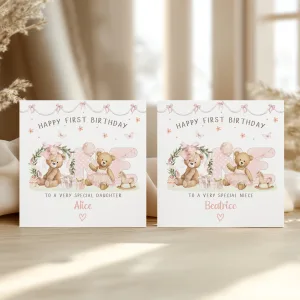 Girls Personalised 1st Birthday Teddy Bear Card