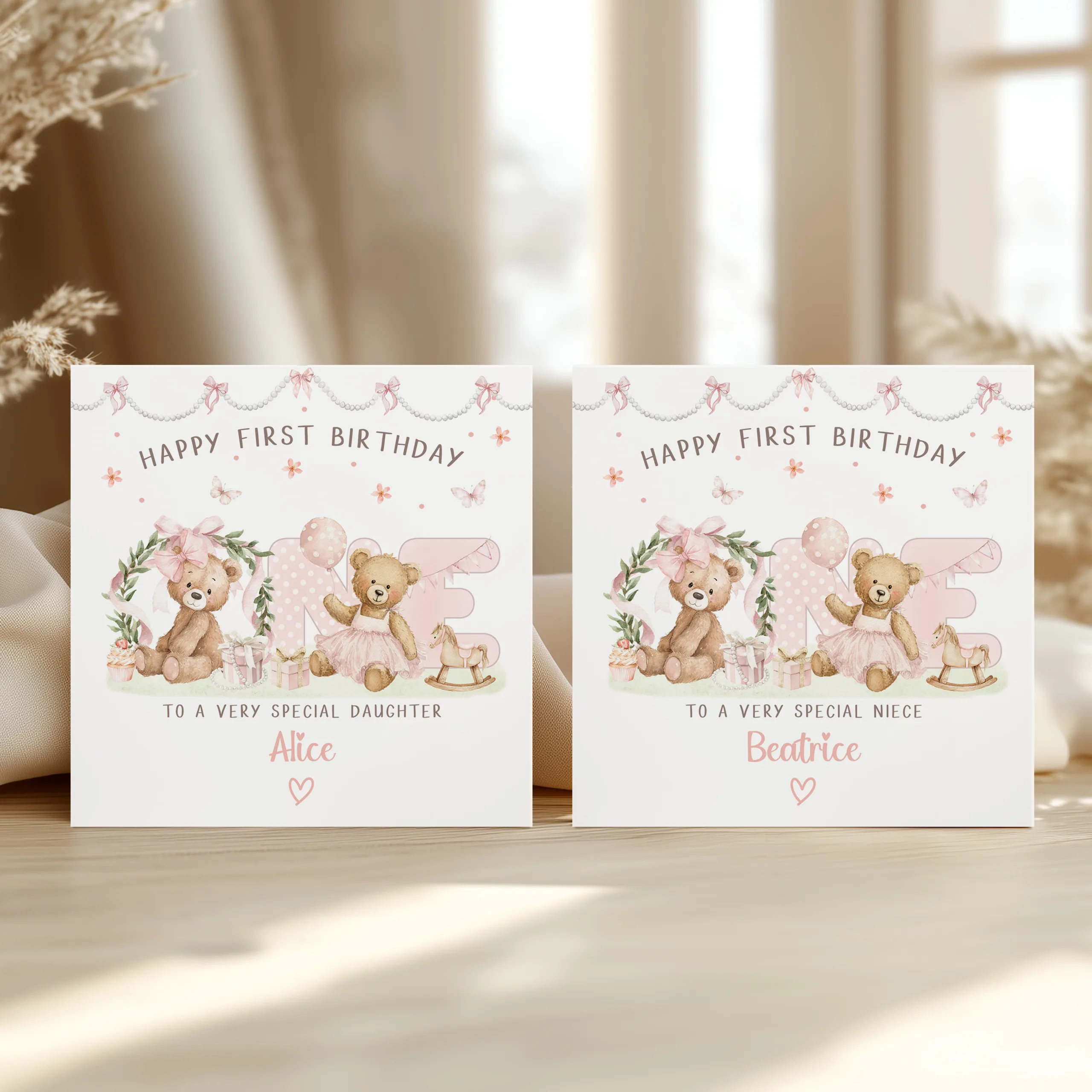 Girls Personalised 1st Birthday Teddy Bear Card