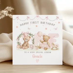 Girls Personalised 1st Birthday Teddy Bear Card