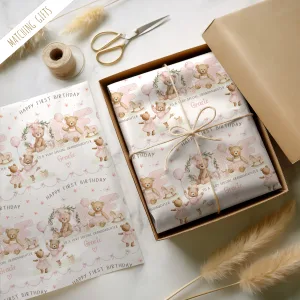 Girls Personalised Teddy Bear 1st Birthday Gift Wrapping Paper