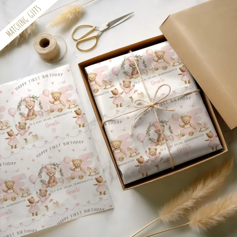 Girls Teddy Bear 1st Birthday Gift Wrapping Paper