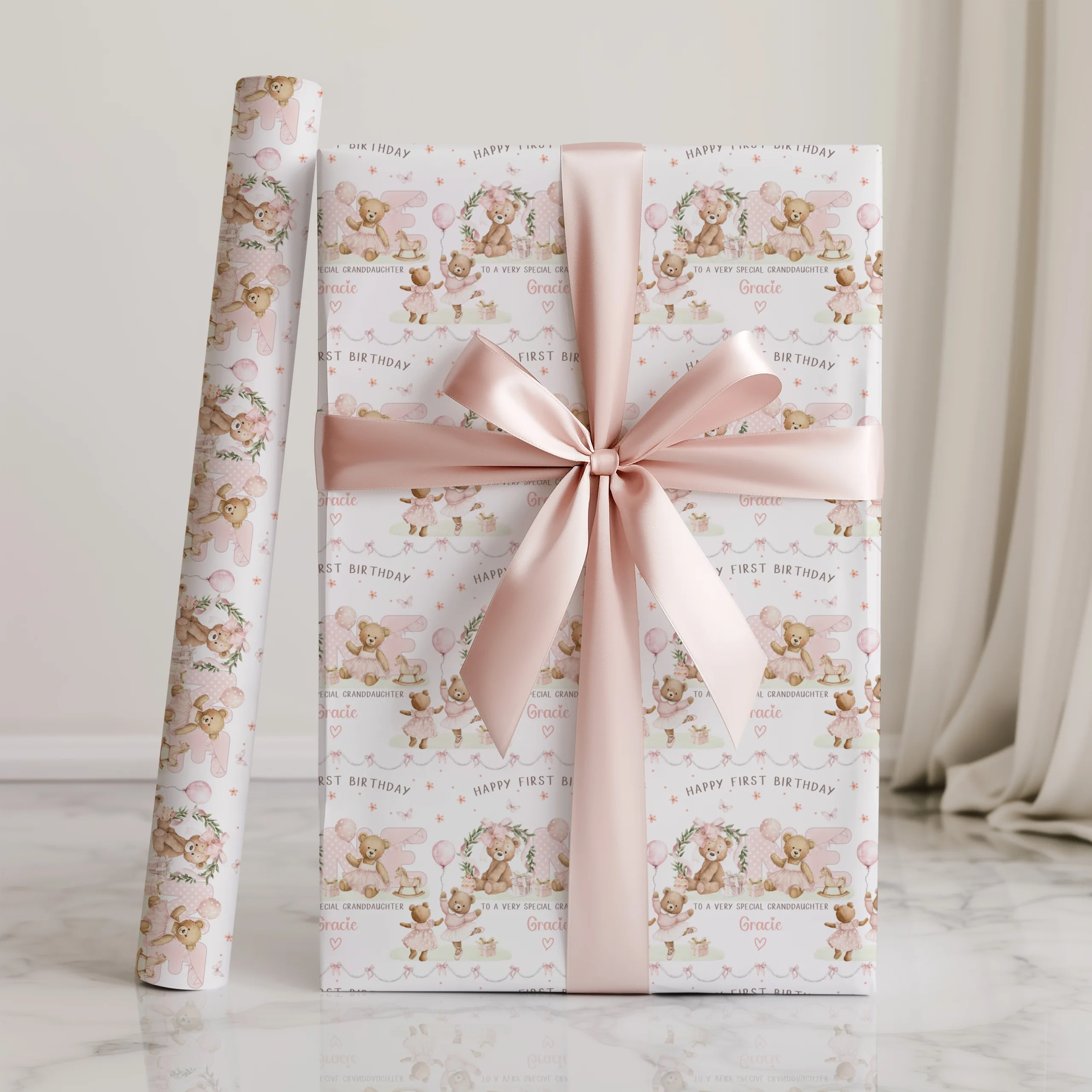 Girls Personalised Teddy Bear 1st Birthday Gift Wrapping Paper