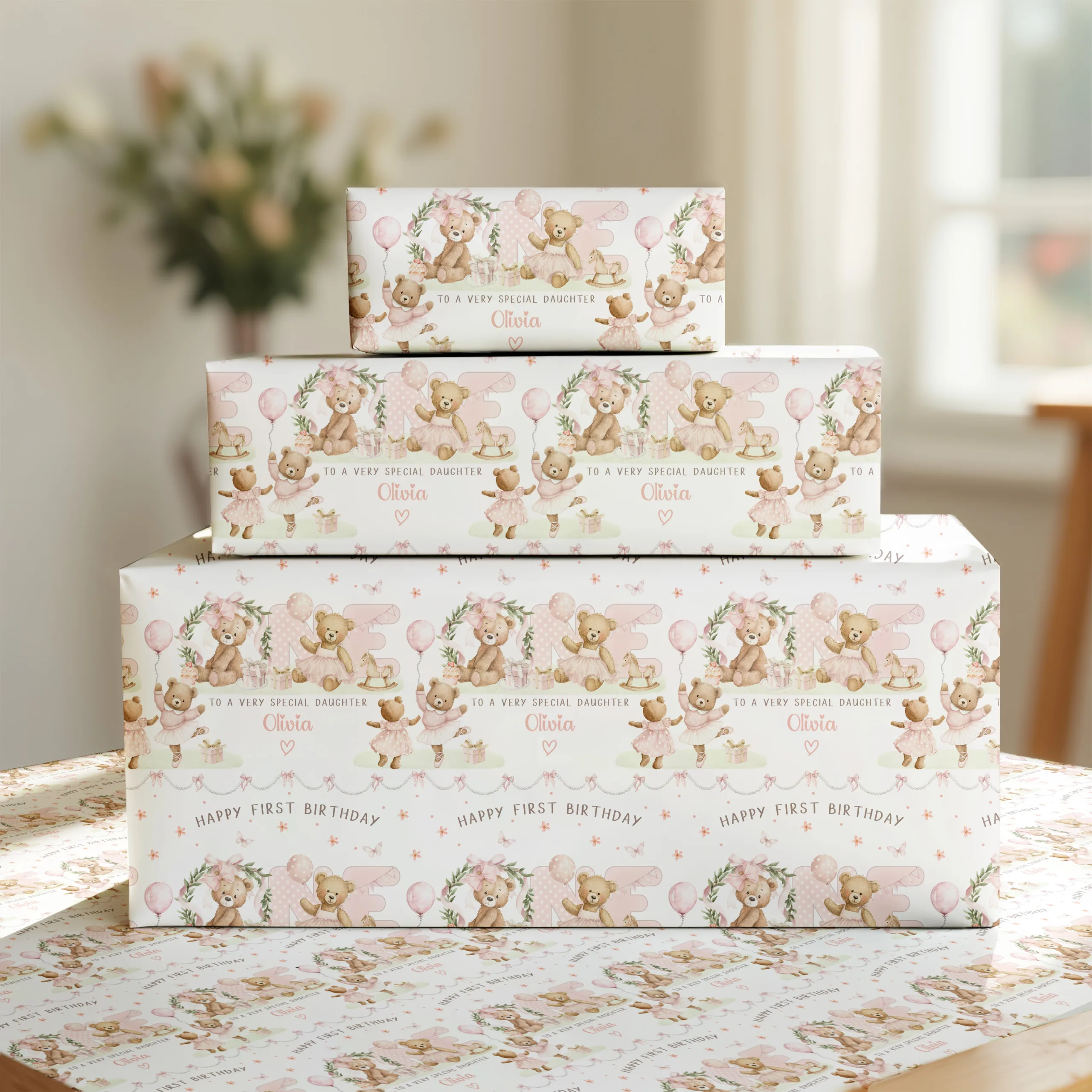 Girls Personalised Teddy Bear 1st Birthday Gift Wrapping Paper