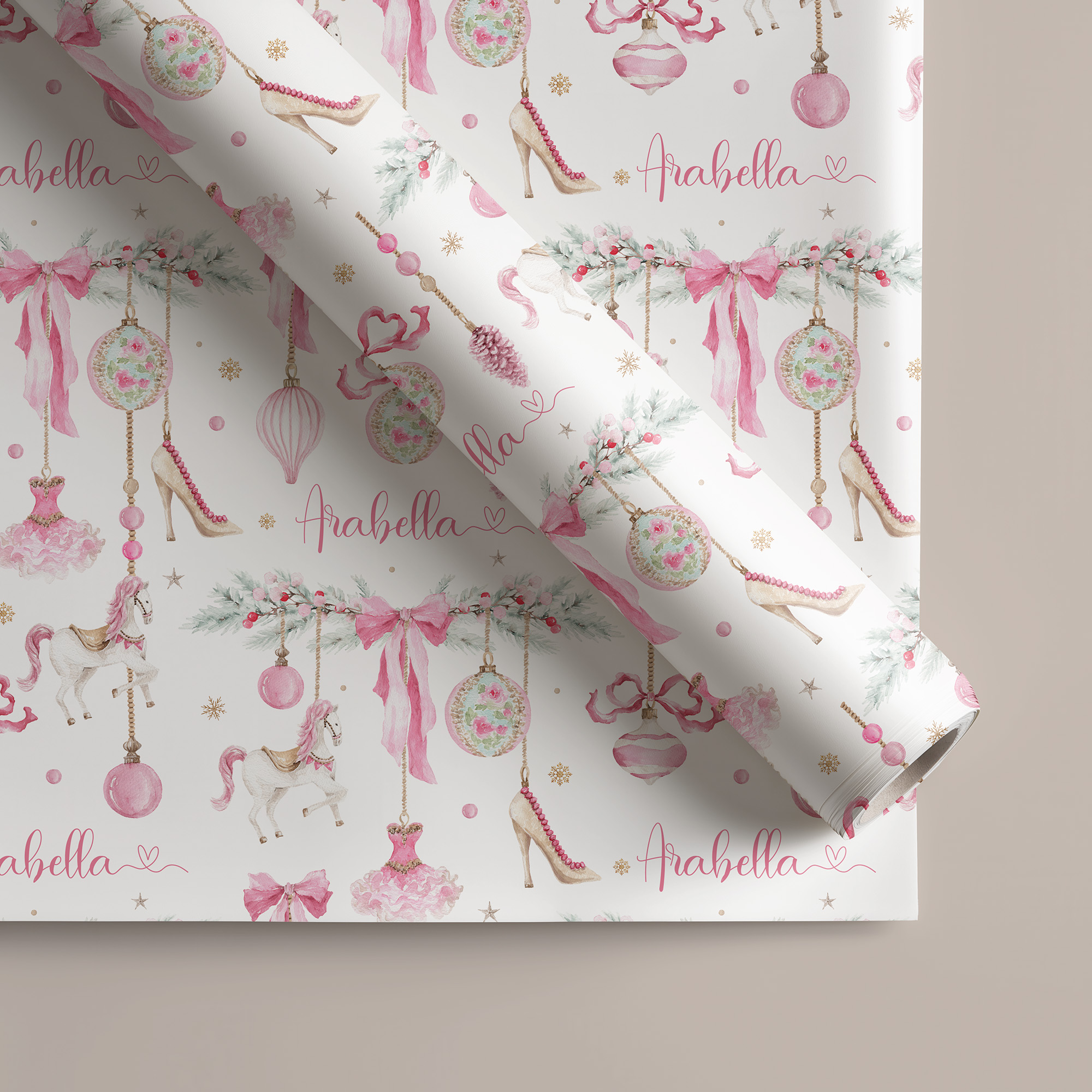 Girls Pink Personalised Christmas Gift Wrapping Paper