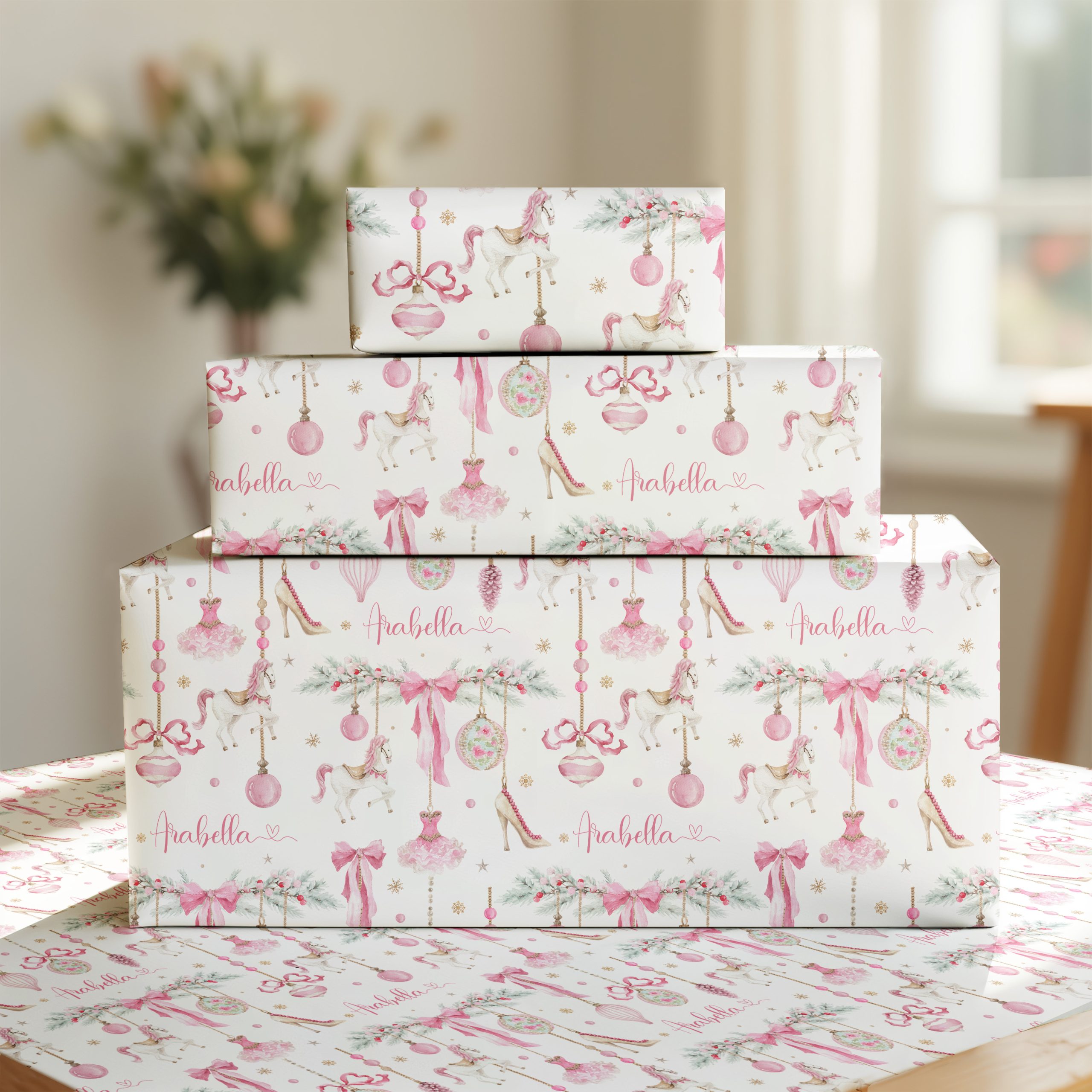 Girls Pink Personalised Christmas Gift Wrapping Paper