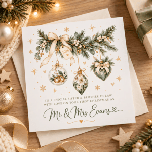 Personalised first Christmas card for sister and brother-in-law displayed in a Christmas setting