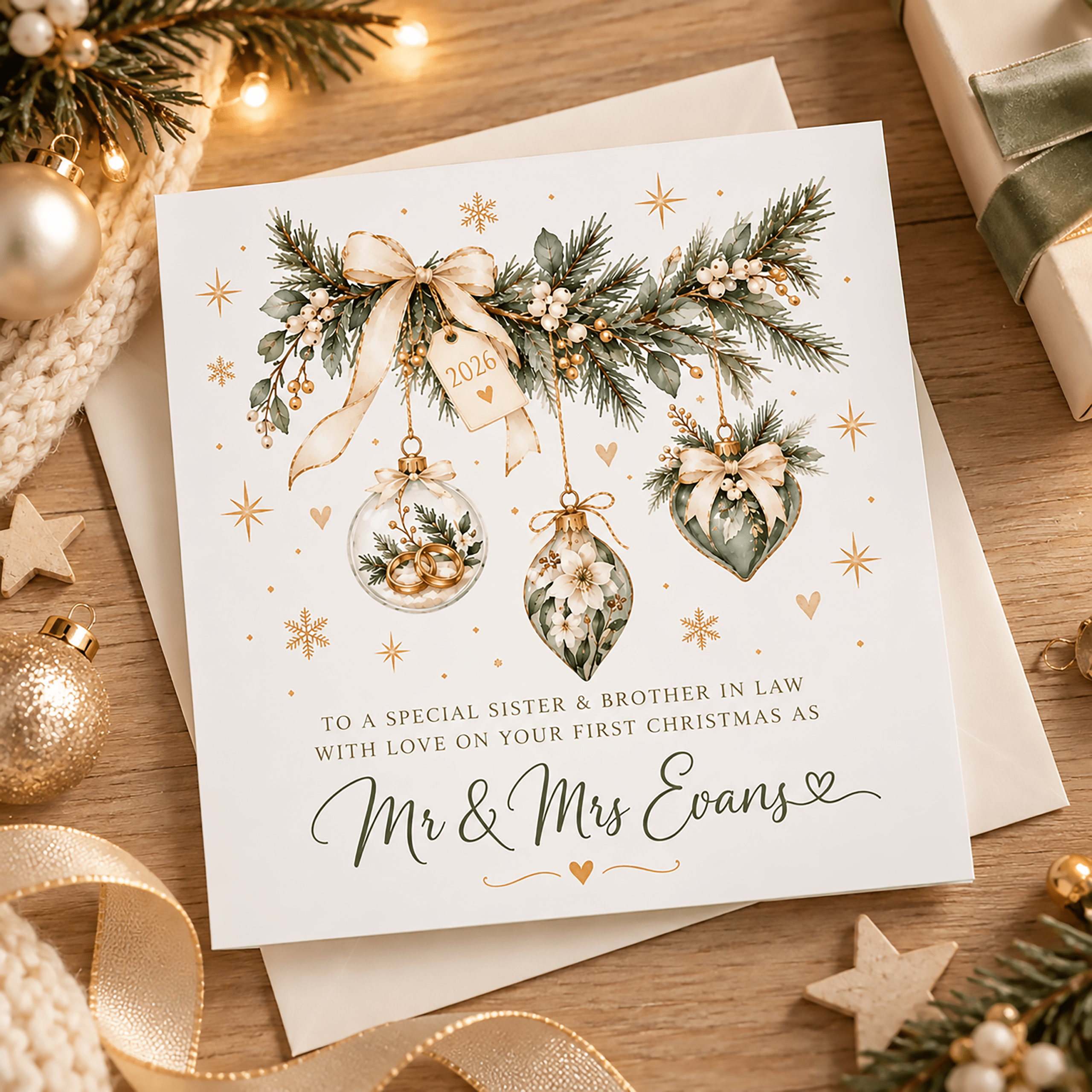 Personalised first Christmas card for sister and brother-in-law displayed in a Christmas setting