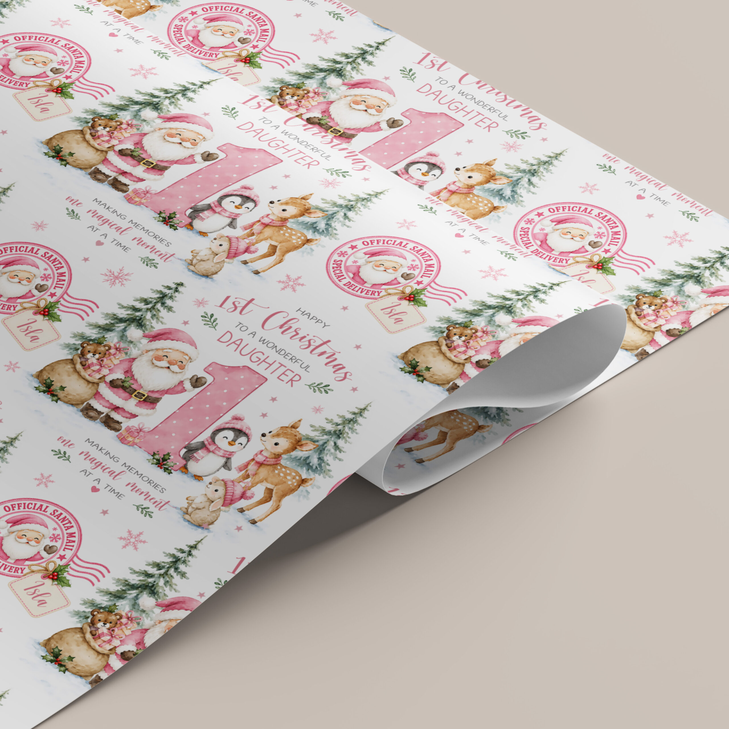 Girls first Christmas personalised gift wrap with Santa mail design