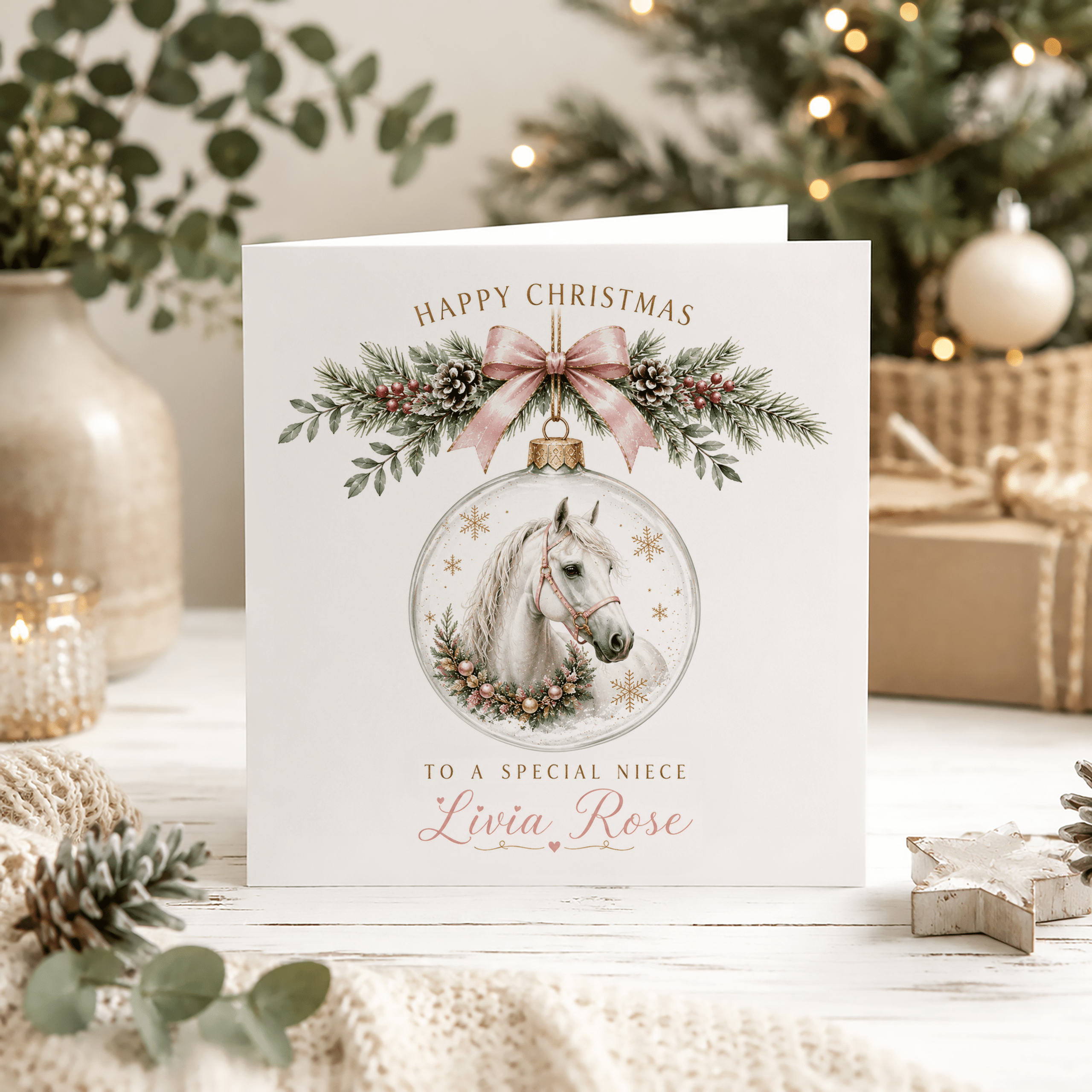 Personalised Horse Christmas Card for girls with name and relationship