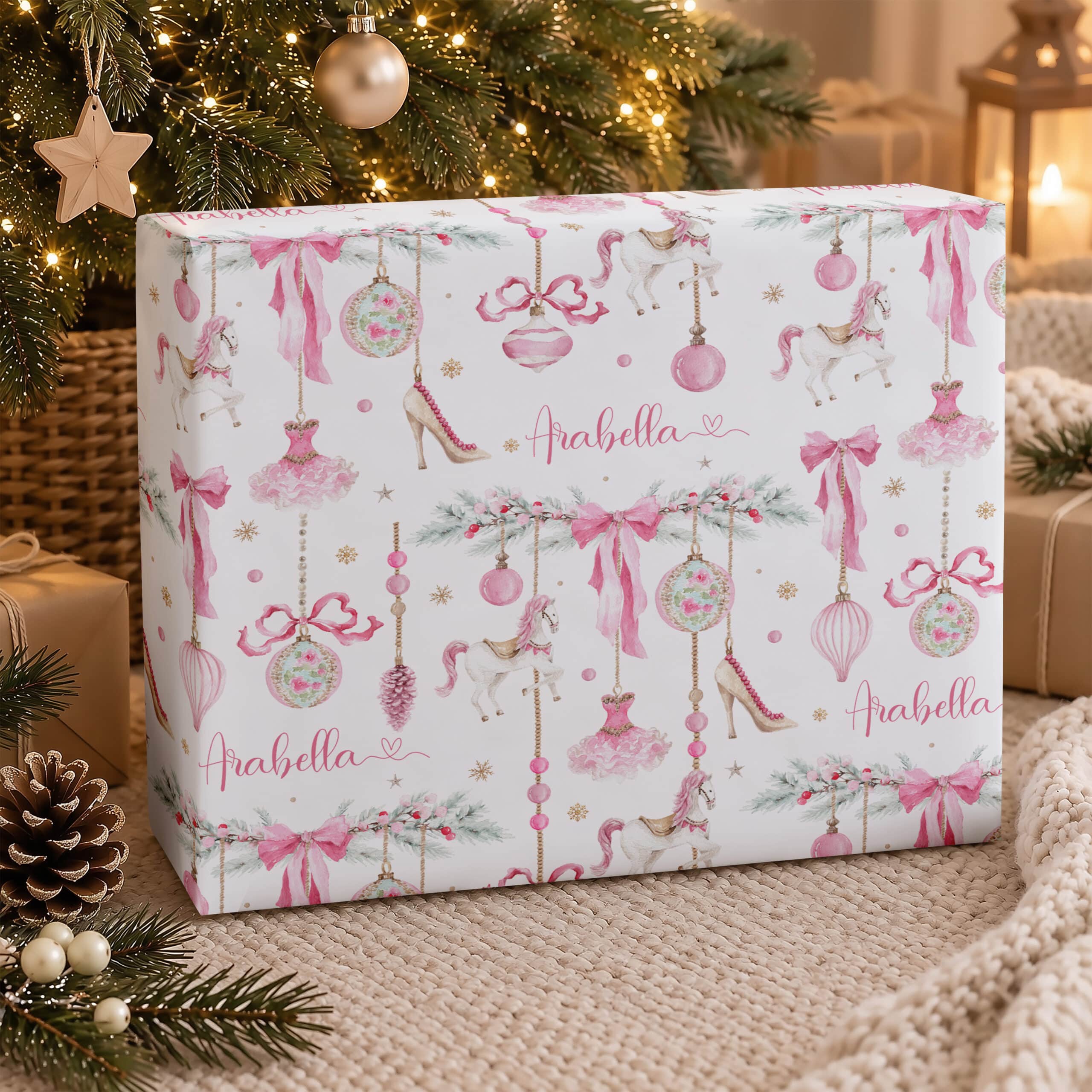 Girls personalised Christmas gift wrap in pink with name, horses, dresses, bows and festive ornaments