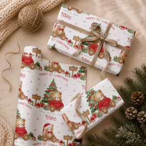 Personalised children's Christmas wrapping paper with festive teddy bears