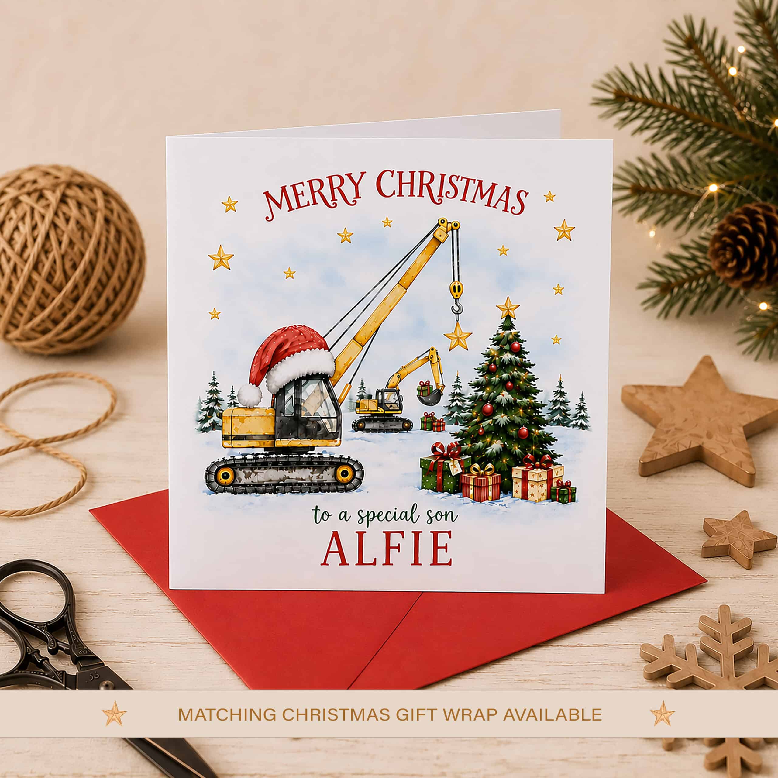 Personalised construction Christmas card for boys with festive crane, diggers and Christmas trees