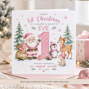 Personalised daughter 1st Christmas card with pink Santa and woodland animals
