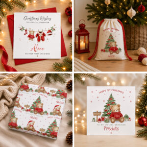Personalised first Christmas Santa sack, card and wrapping paper with teddy bear and Christmas tree