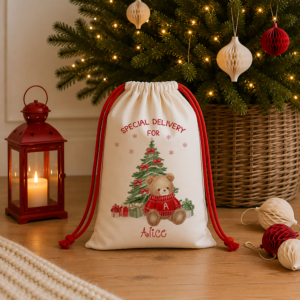 Personalised first Christmas Santa sack with teddy bear and Christmas tree