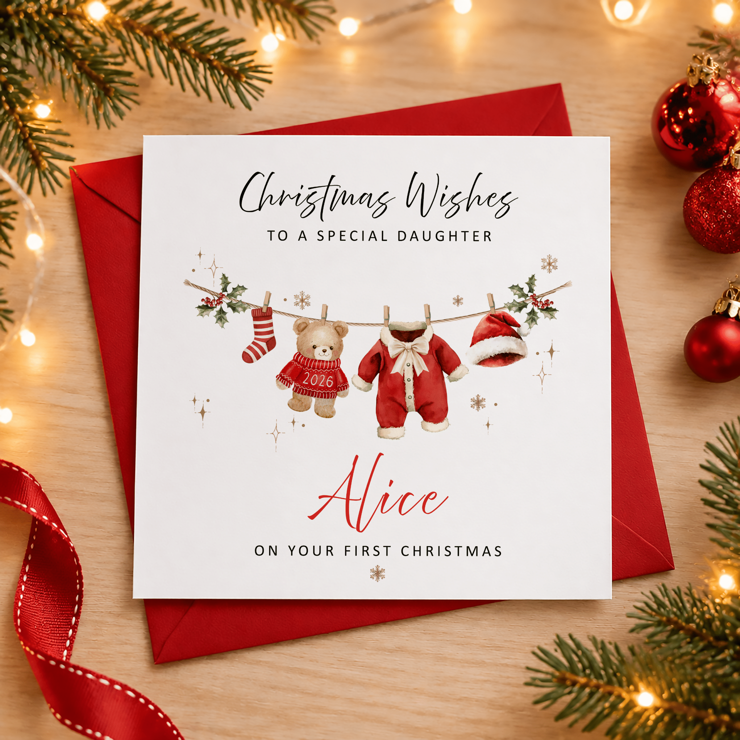 Personalised baby's First Christmas teddy bear card displayed for a little boy