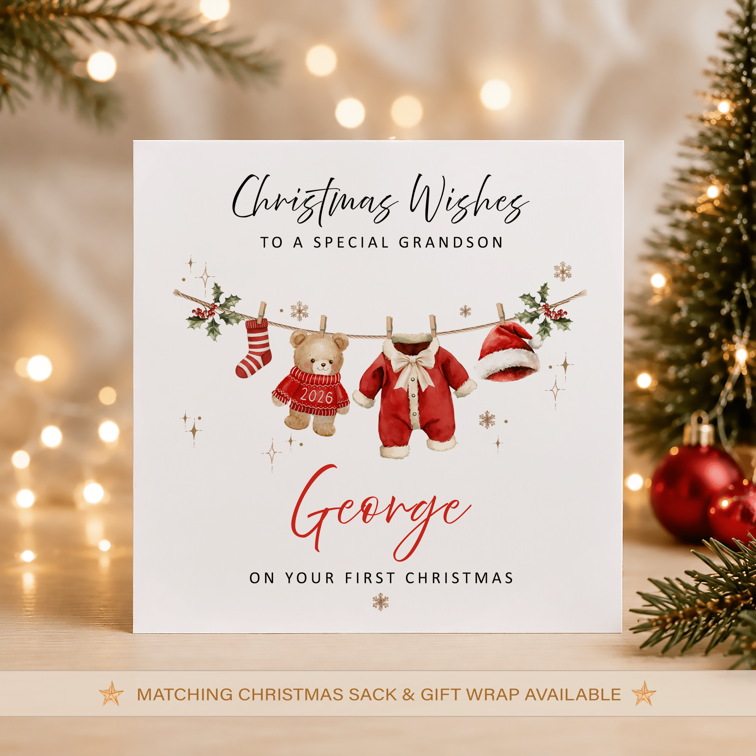 Personalised First Christmas Teddy Bear Card with child's name