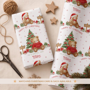 Personalised first Christmas teddy bear wrapping paper with child's name