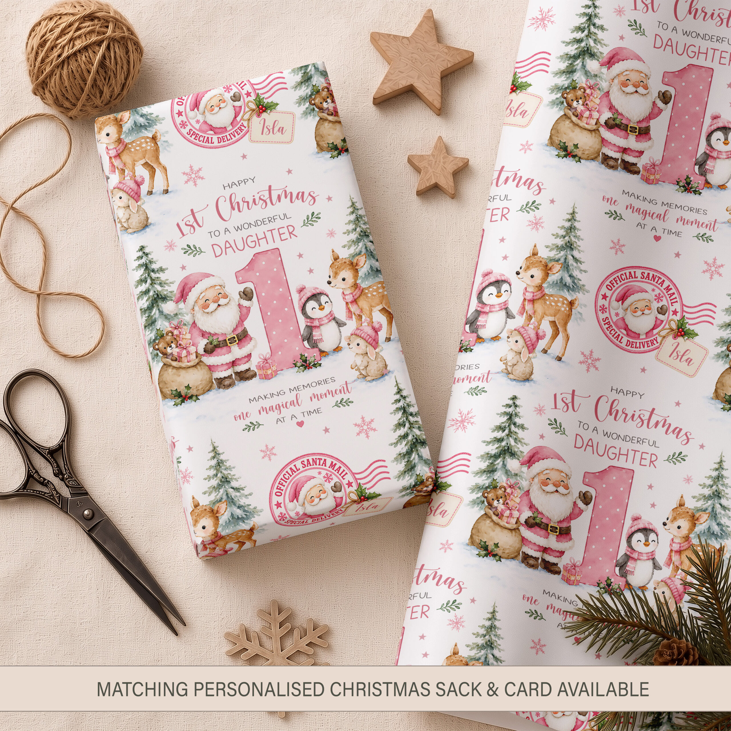 Personalised girls 1st Christmas wrapping paper with pink Santa and woodland animals