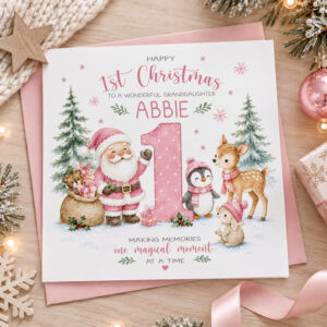 Personalised granddaughter first Christmas card with pink festive woodland design