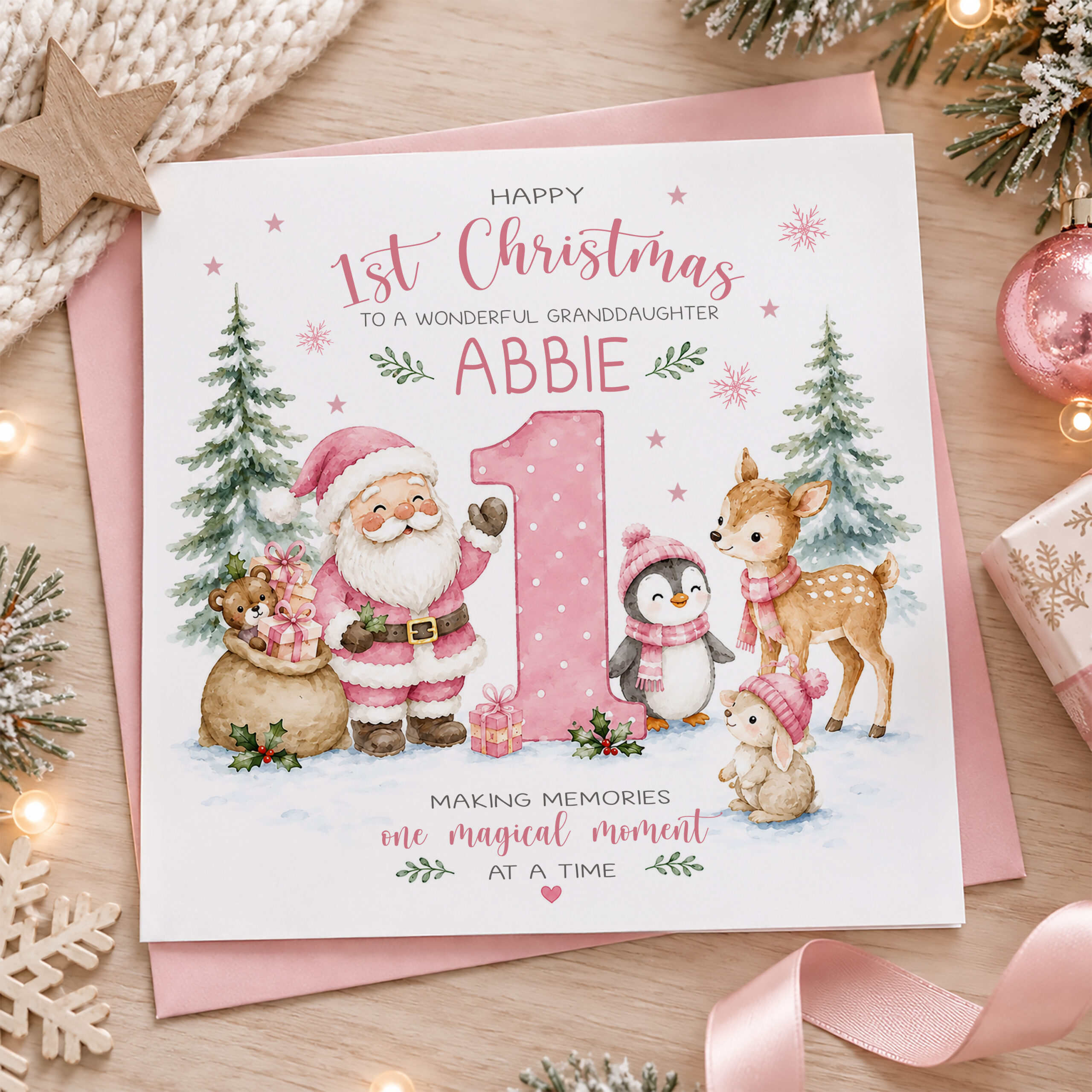 Personalised granddaughter first Christmas card with pink festive woodland design