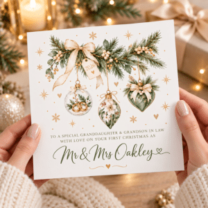 Personalised Mr and Mrs first Christmas card with couple surname and 2026 detail