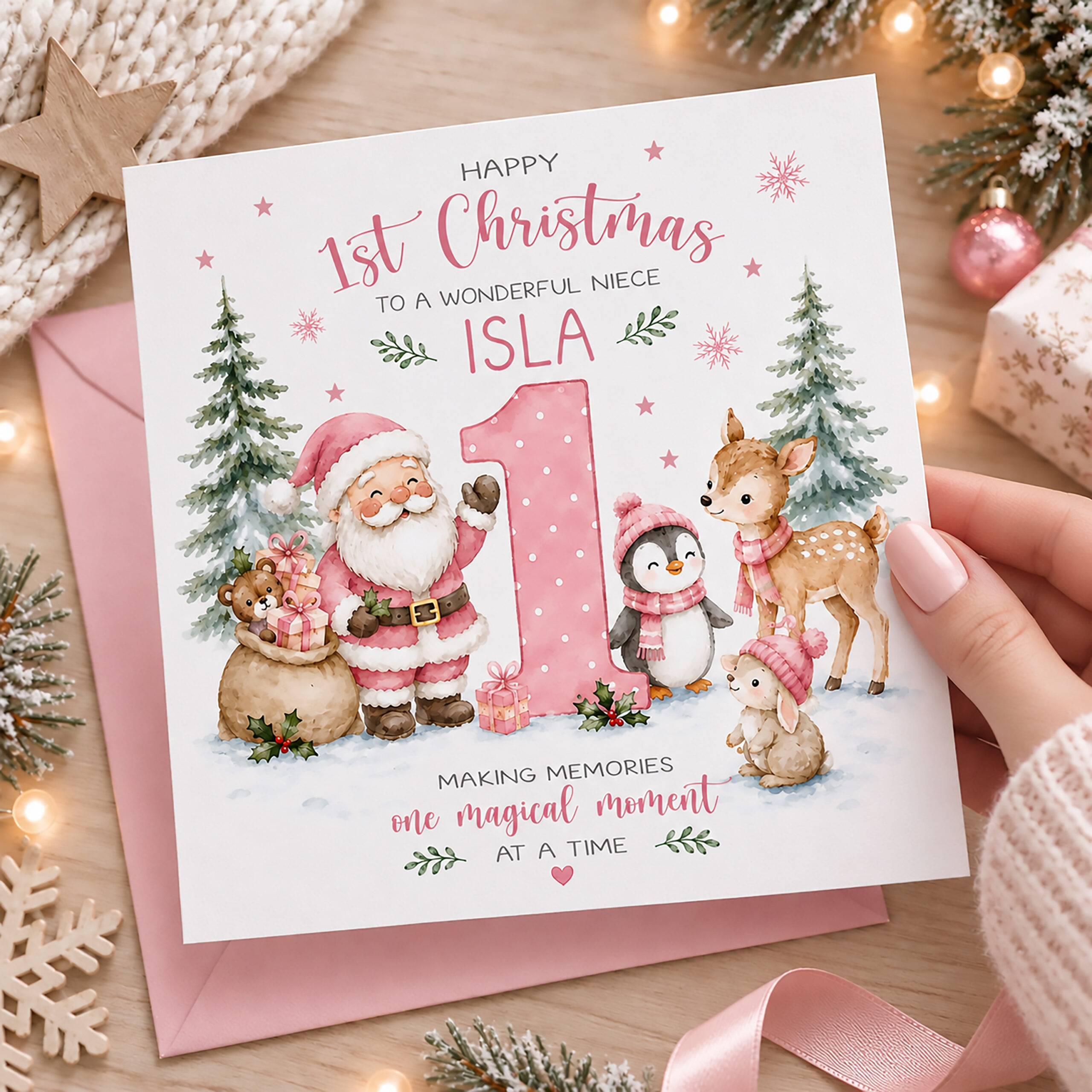 Personalised niece 1st Christmas card with Santa, penguin, deer and bunny
