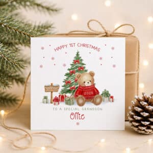 Personalised son 1st Christmas card with festive teddy bear