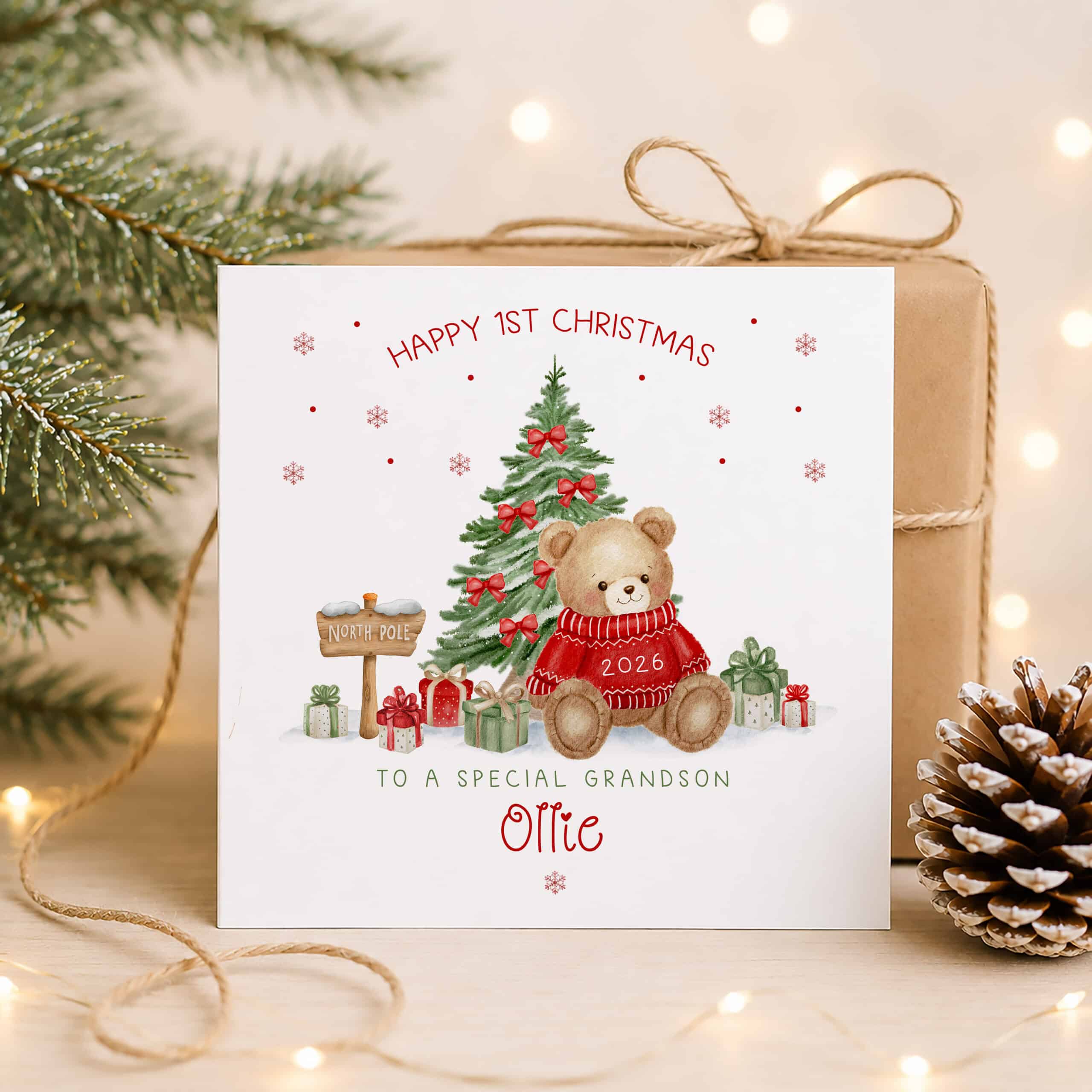 Personalised son 1st Christmas card with festive teddy bear