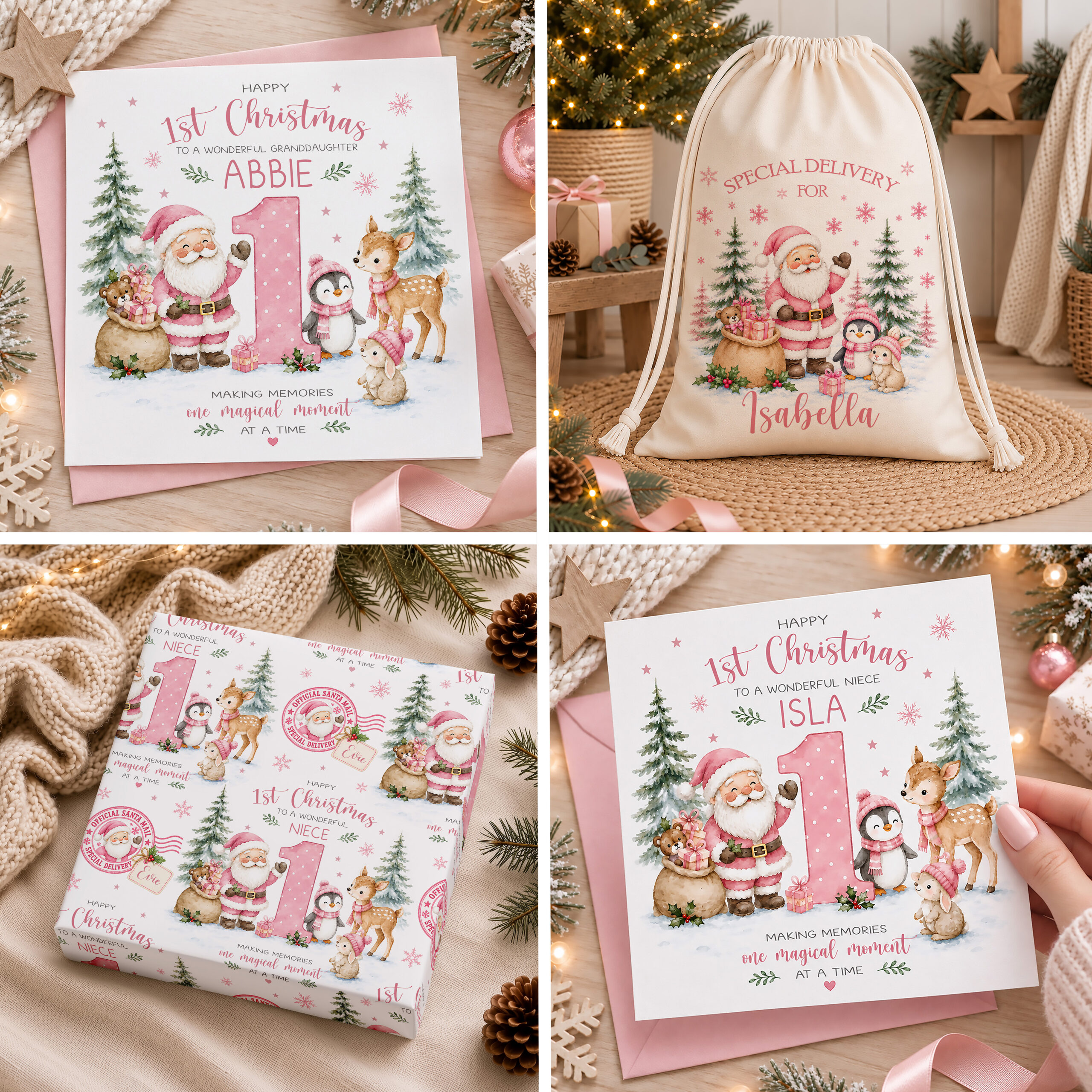 Personalised Girls 1st Christmas Card with matching gift wrap and santa sack