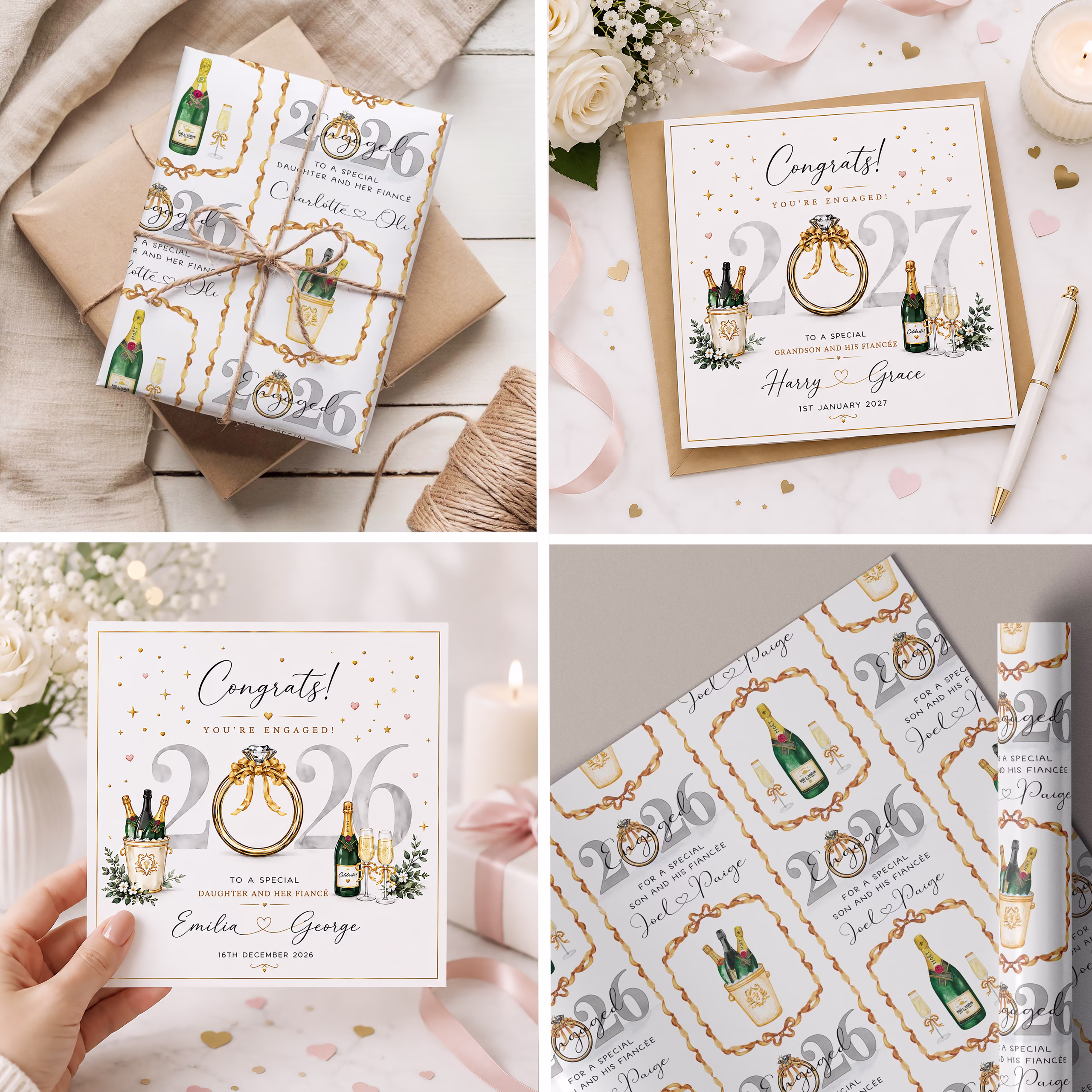 Personalised Engagement Card for Grandson and His Fiancée with Champagne, Engagement Ring and 2026 Design, Displayed on Luxury Gold Envelope