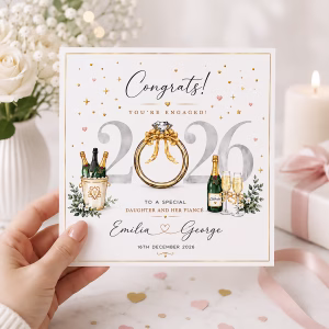 Personalised Engagement Card for Grandson and His Fiancée with Champagne, Engagement Ring and 2026 Design, Displayed on Luxury Gold Envelope