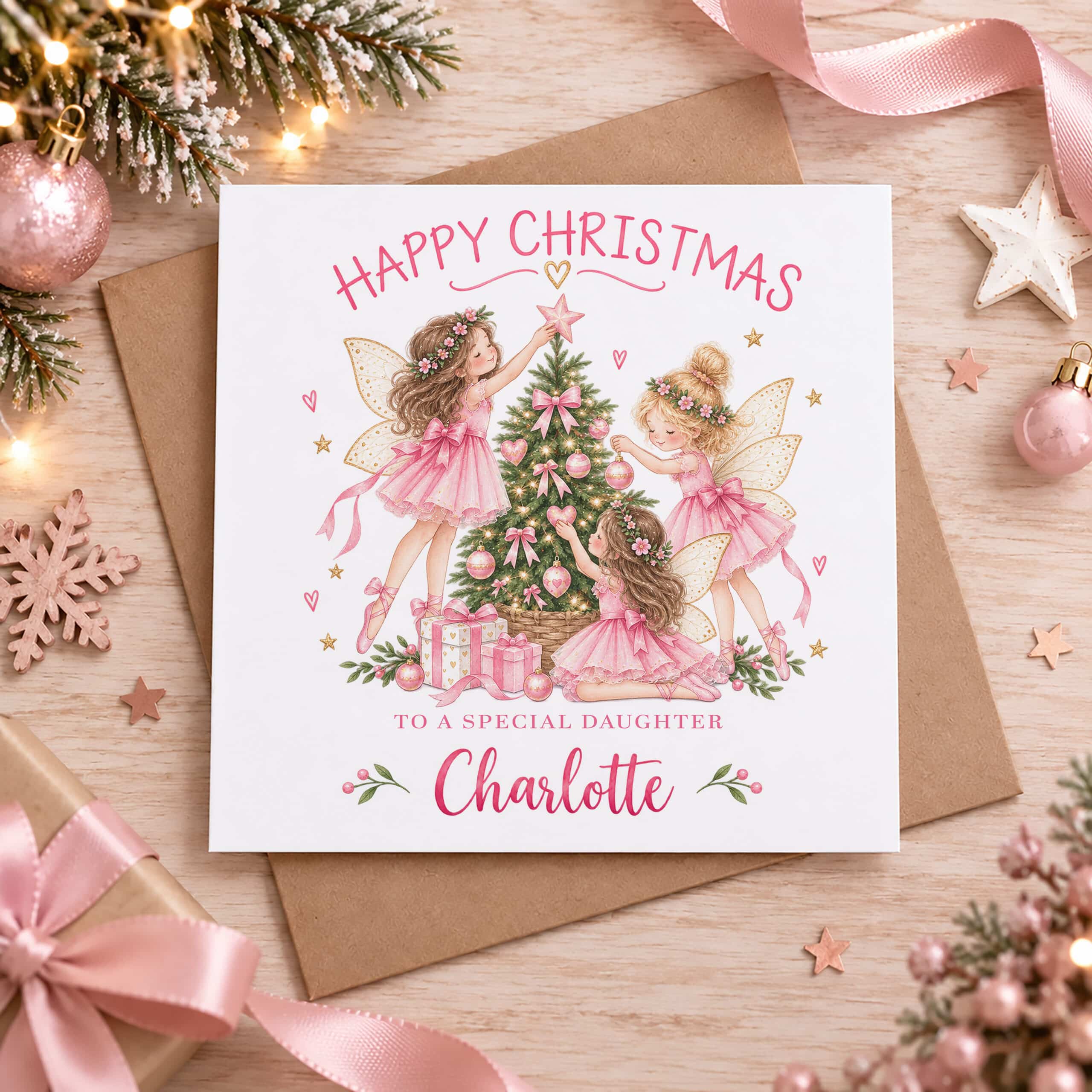 Girls personalised Christmas card with pink fairies and festive Christmas tree
