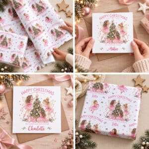Personalised fairy Christmas card and gift wrap for girls with pretty pink Christmas fairy design