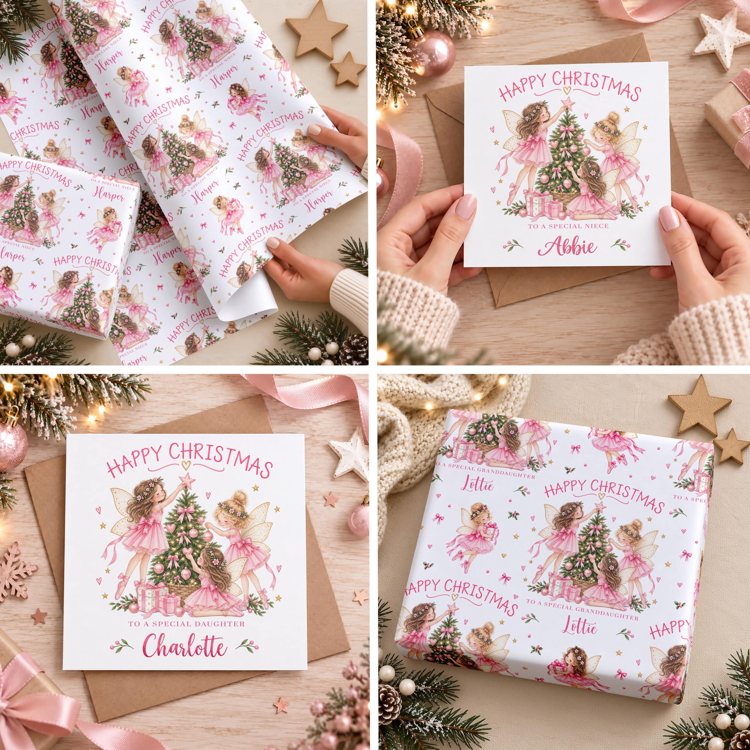 Personalised fairy Christmas card and gift wrap for girls with pretty pink Christmas fairy design