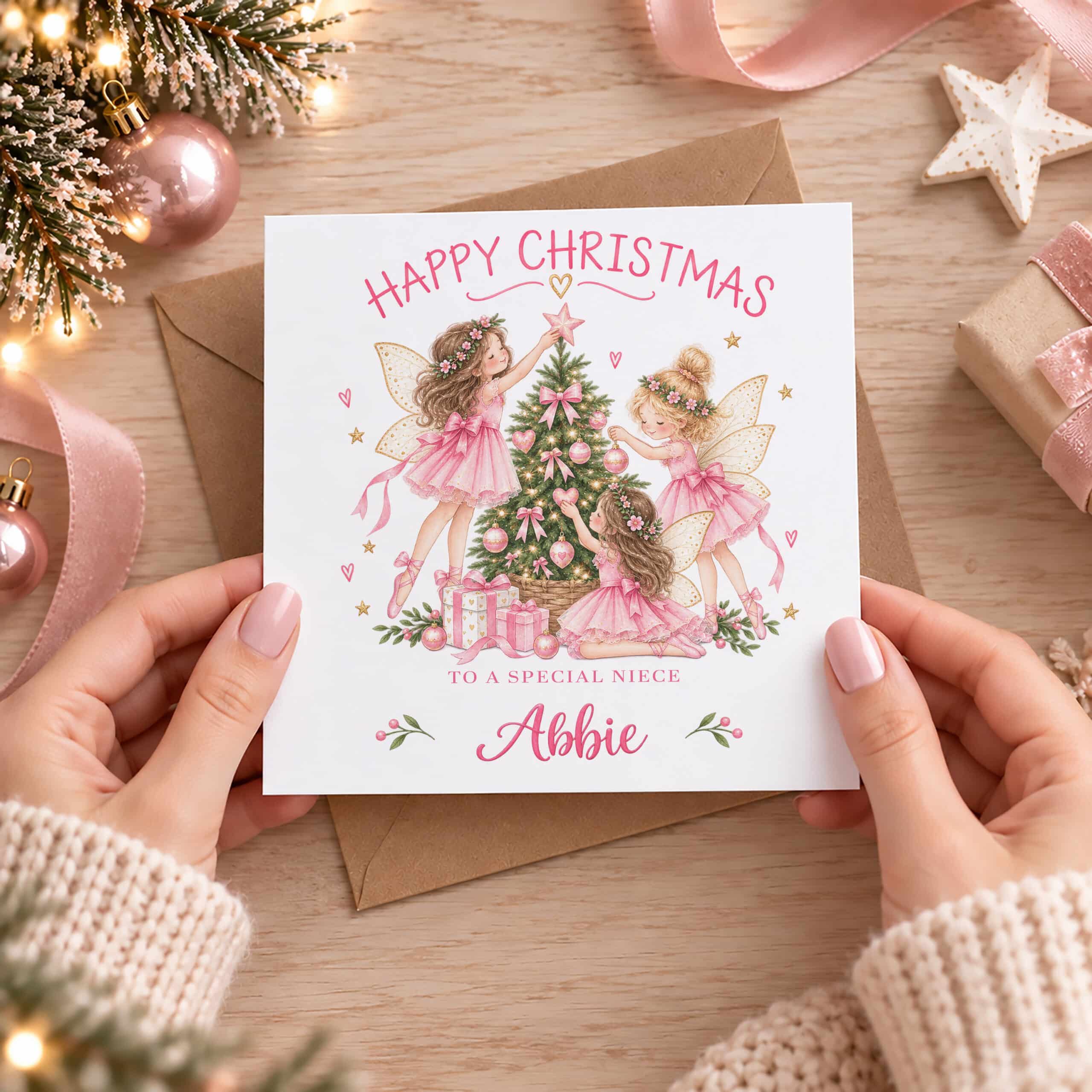 Pink fairy personalised Christmas card with name and special relation