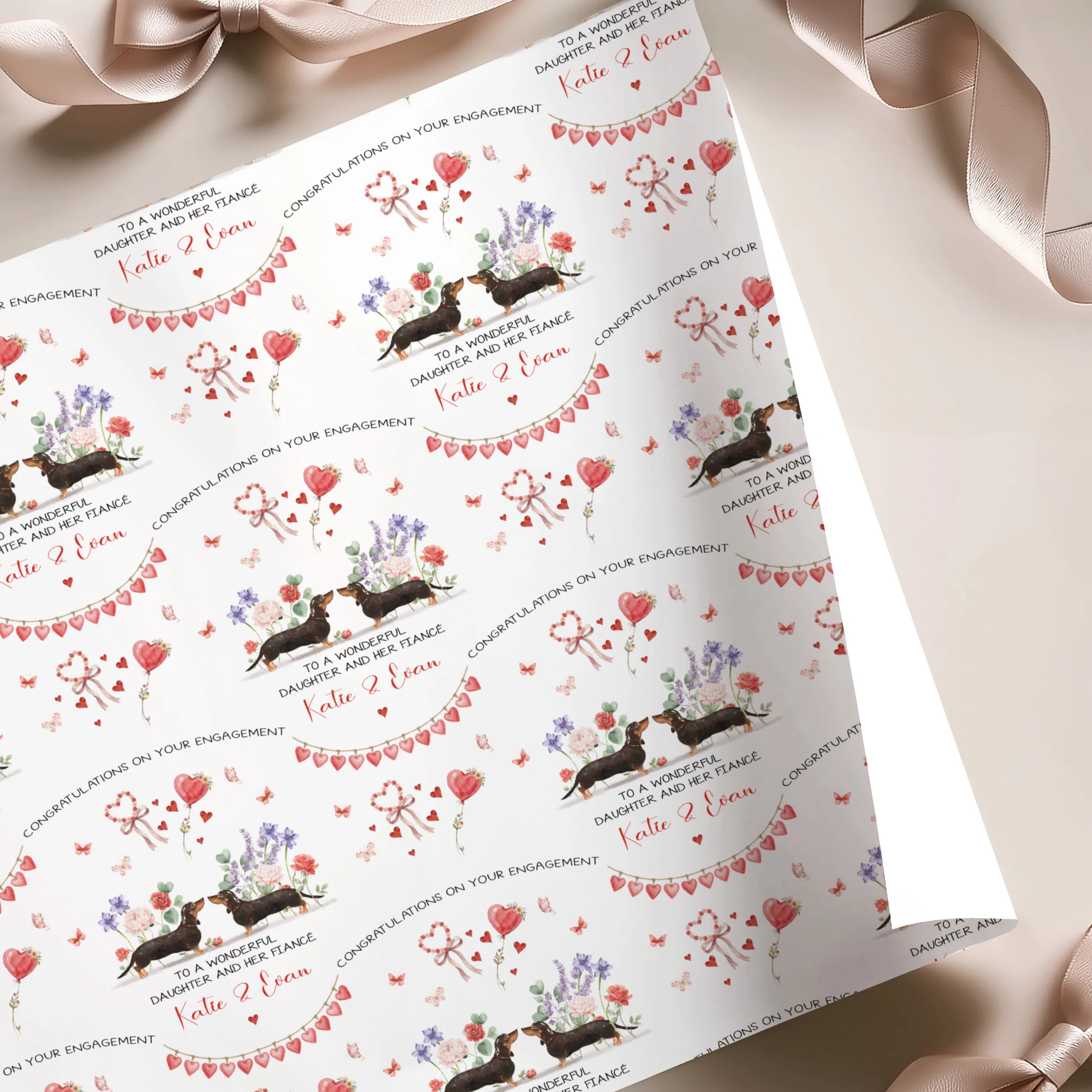 Personalised Engagement Dachshund Gift Wrapping Paper
