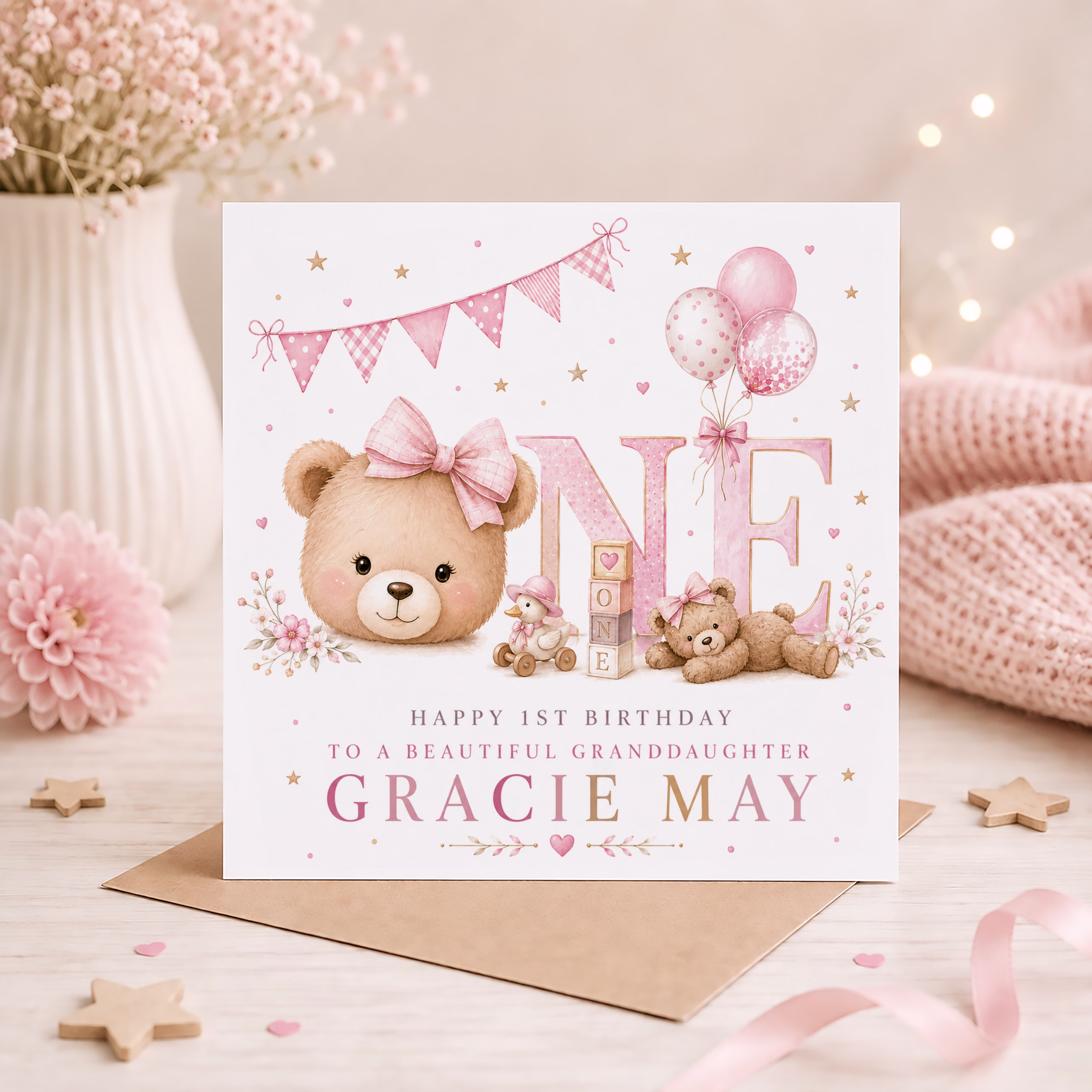 Luxury first birthday card for a little girl with pastel pink teddy bear artwork, bunting and birthday balloons.