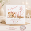 Personalised girls first birthday card with a soft pink teddy bear, balloons, bunting and large number one.