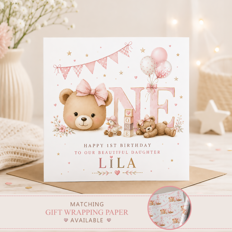 Personalised Girls 1st Birthday Card – Teddy Bear