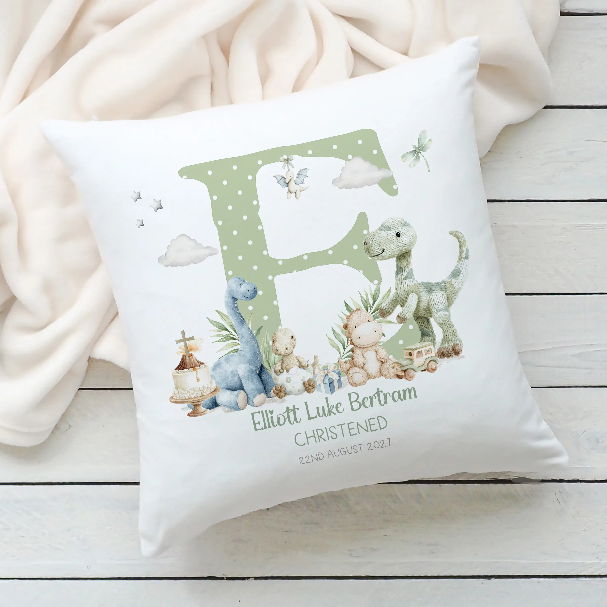 Personalised Dinosaur Christening Cushion