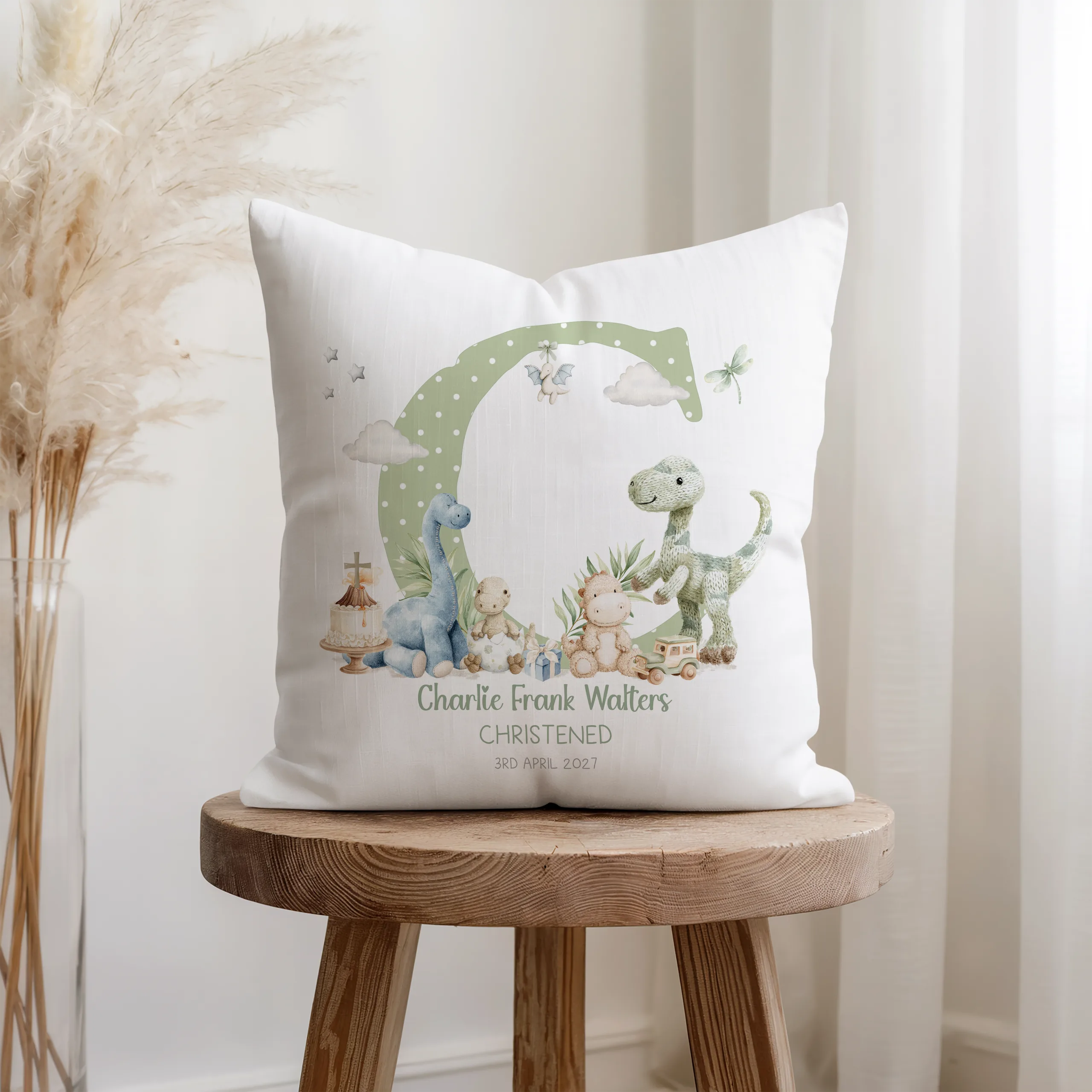 Personalised Dinosaur Christening Cushion