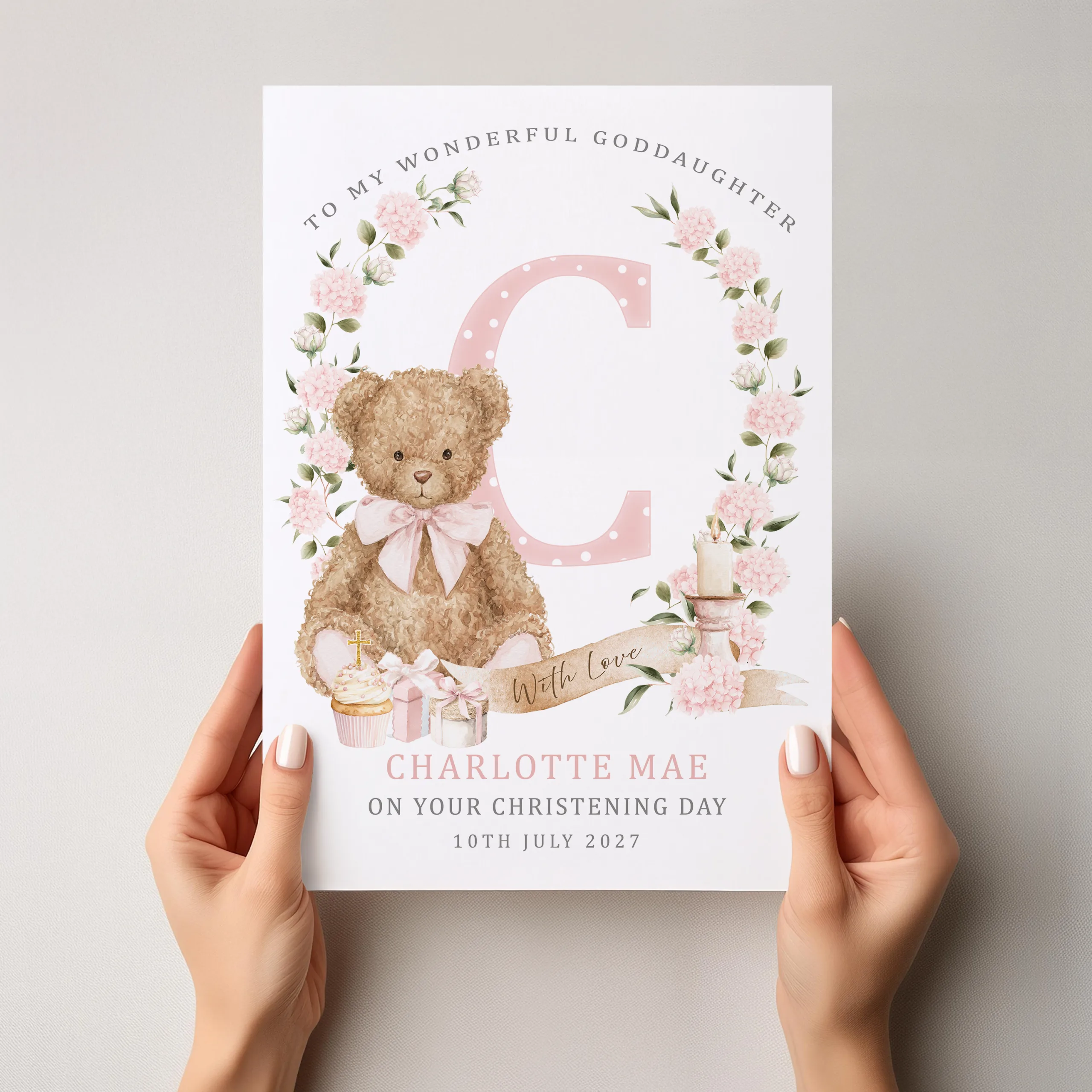 Girls Teddy Bear Christening Card