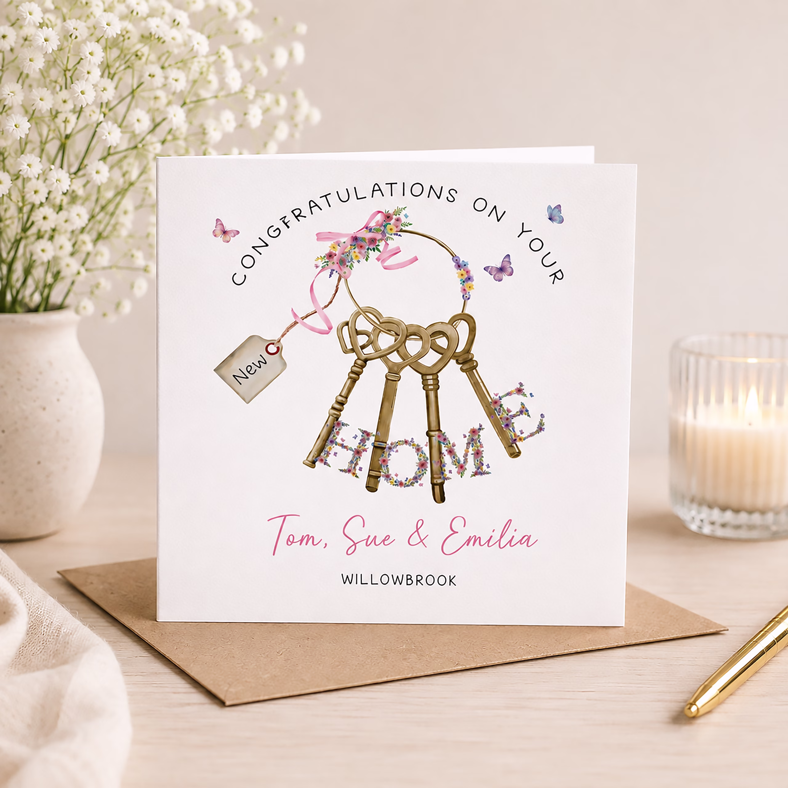 new-home-card-gold-keys-floral-design