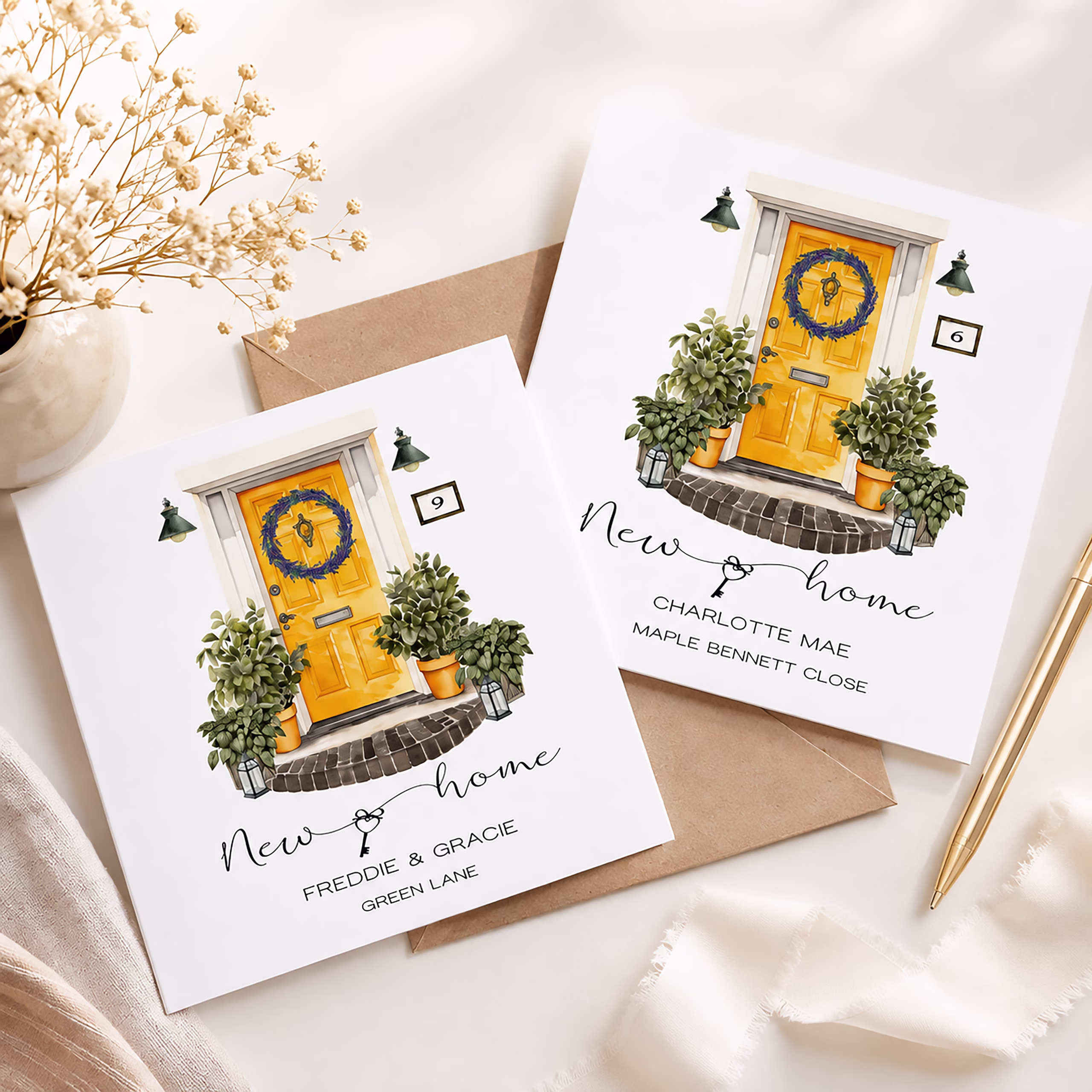 New home congratulations card with an illustrated front door, floral wreath, greenery and personalised house name.