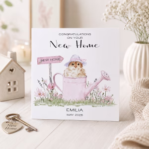 Personalised new home card featuring a cute owl in a pink watering can with a new home sign and delicate flowers.